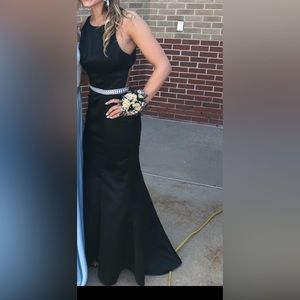 Prom dress! Slick black with thin diamond belt. Sophisticated.